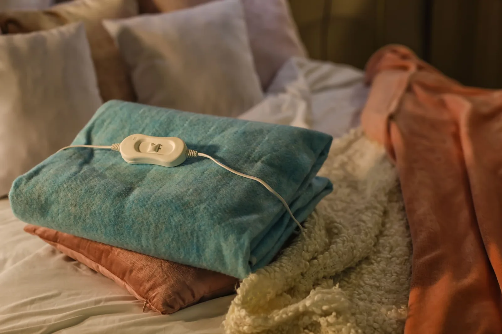 Electric heating pad with pillow on bed at night, closeup